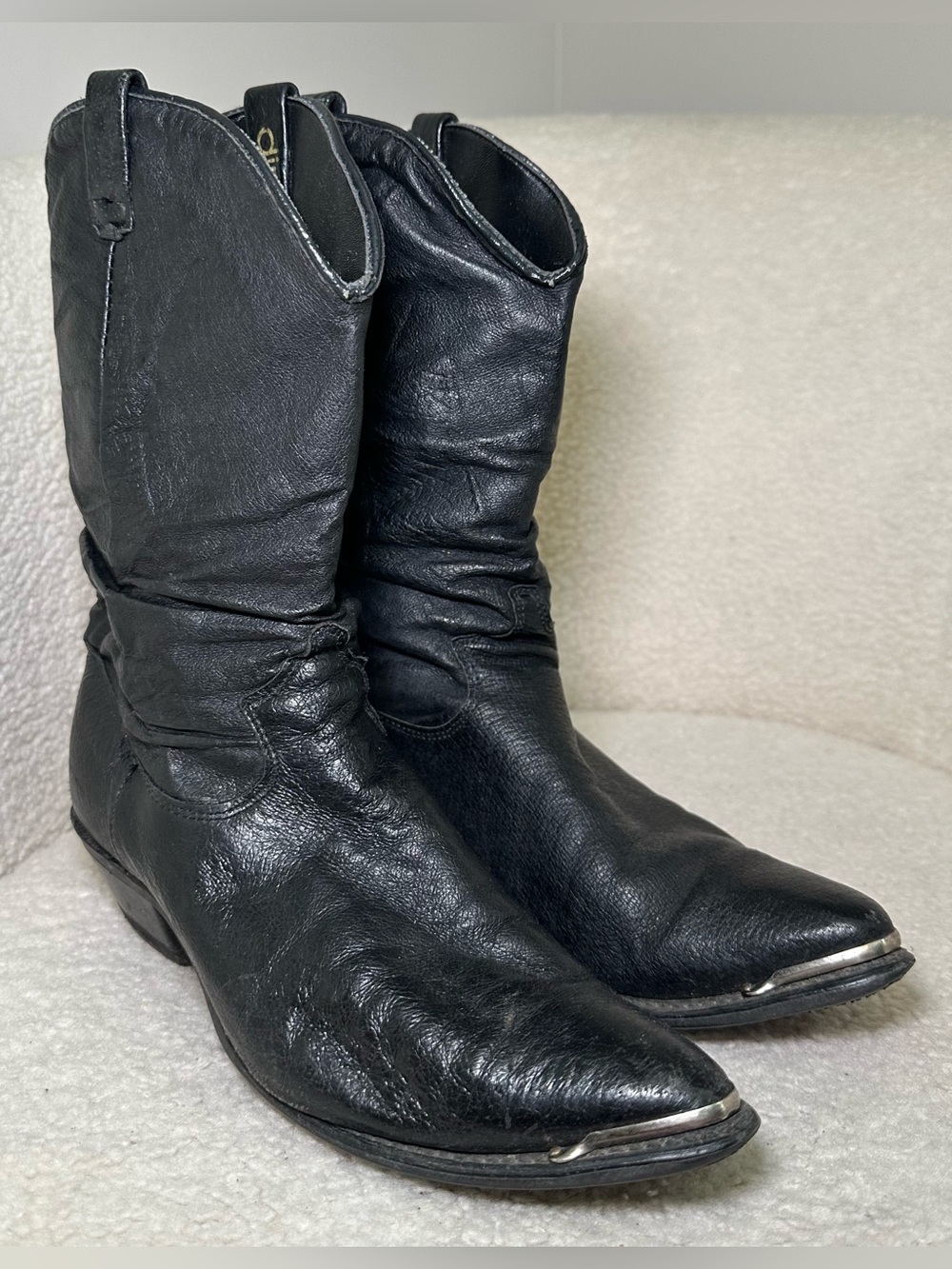 Vintage Dingo Black Leather Boots Slouch Western Pointed Toe Silver Cowboy Boho